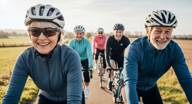 Active seniors enjoying group bike ride in sunny countryside on scenic path. Group of older adults actively participating in biking together, wearing safety helmets and cycling gear.