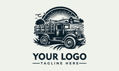 Vintage Farm Truck Vector Logo Illustration Design Featuring Rustic Agricultural Landscape Elements © nuaari