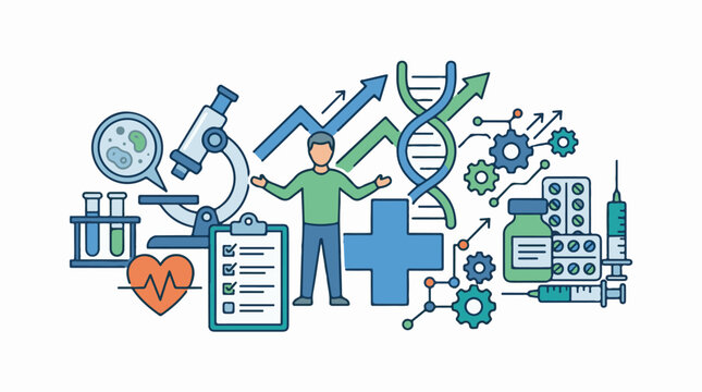 A colorful illustration of a man surrounded by medical and scientific symbols and equipment