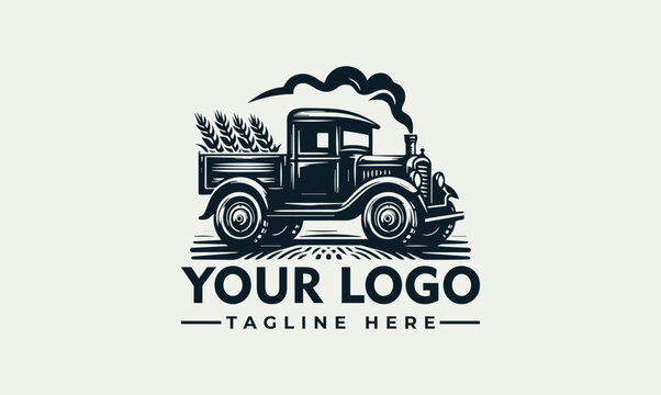 Vintage farm truck with wheat harvest vector logo illustration for agricultural business