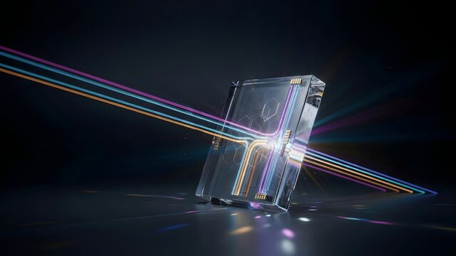 Crystal optical processor with refracting light spectrum &ndash; Suitable for fiber optic network displays, quantum optics studies, or innovative tech media.