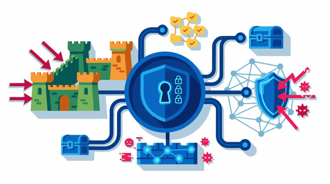 A blue shield with a keyhole and locks surrounded by a network of lines and icons
