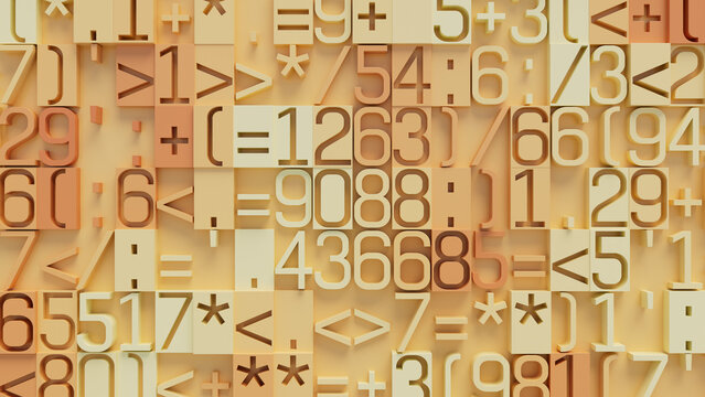 Close-Up of Textured 3D Interlocking Geometric Shapes and Numbers in Warm Earthy Tones of Beige, Orange, and Brown, Creating Depth and Complexity
