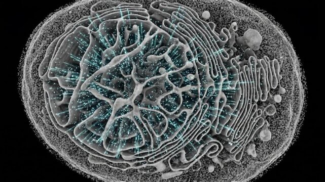B細胞が形質細胞へクローン増殖し抗体を放出する様子を描いた、漆黒背景の医療CG動画。