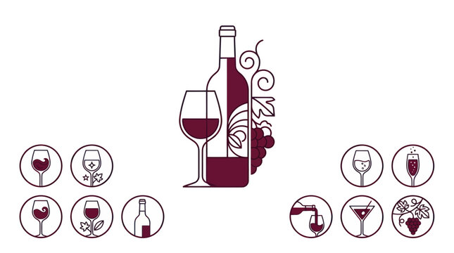 Red wine bottle and glasses icon.