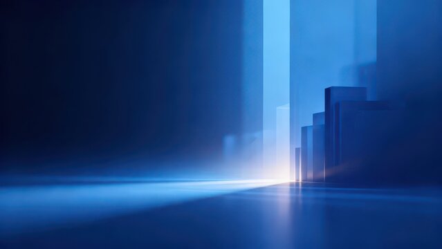 Dark blue gradient minimalist modern architectural space, transparent glass buildings with ground light reflection, quiet high-end business tech abstract background material.