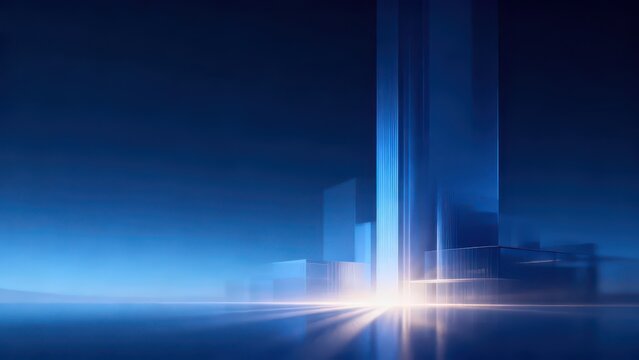 Dark blue gradient minimalist modern architectural space, transparent glass buildings with ground light reflection, quiet high-end business tech abstract background material.