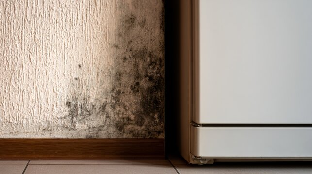 Mold grows on wall next to refrigerator in a kitchen environment