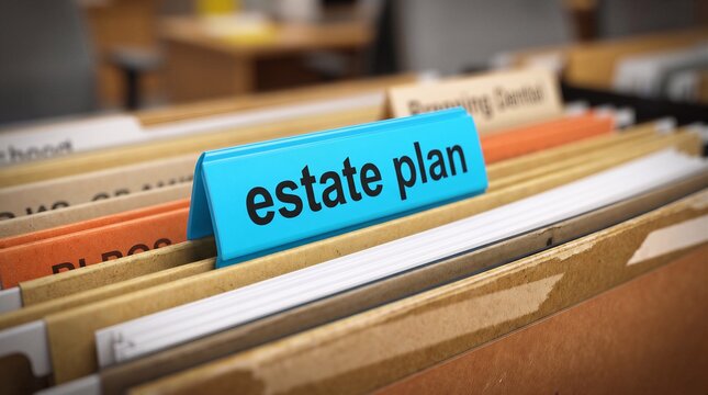 Close up of estate plan folder in filing cabinet representing legal documents and financial planning for future inheritance and wealth distribution.
