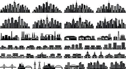 Black architectural panorama landscape silhouette set with suburban neighborhood housing production warehouses and church buildings © MD