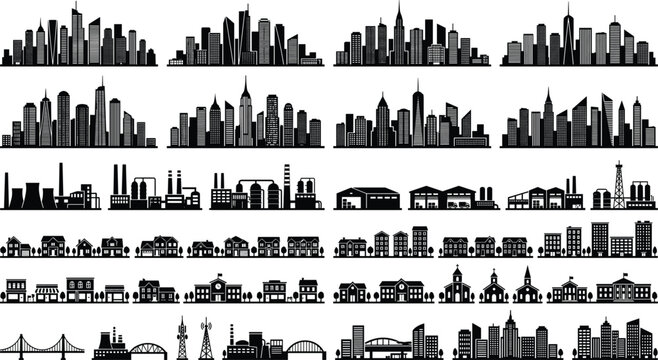 Black architectural panorama landscape silhouette set with suburban neighborhood housing production warehouses and church buildings