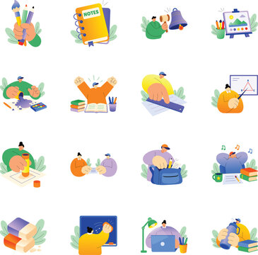 School-themed flat stickers featuring stationery, notebooks, exams, painting, tutoring, results, backpacks, and classroom activities. 

