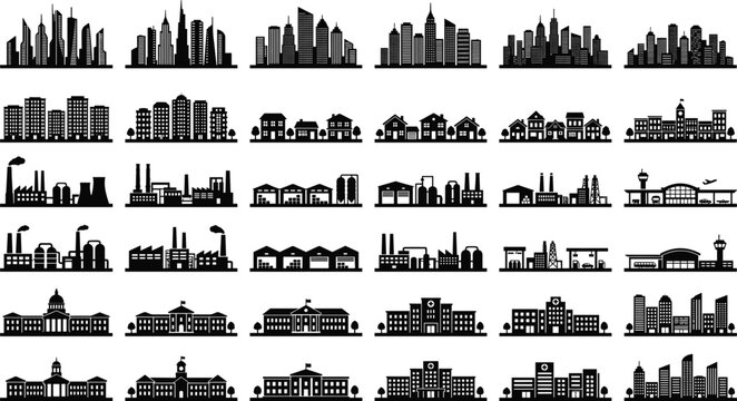 Black outline building icons bundle with modern mansions duplex townhouses countryside cottages and architectural construction elements