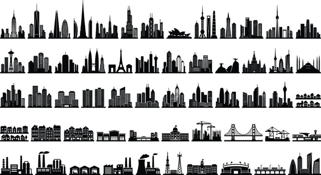 Black architectural landscape panorama silhouette set with eiffel tower space needle sydney opera house and industrial factory buildings