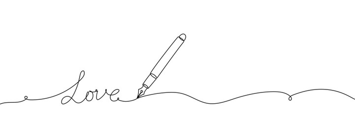 Fototapeta premium Continuous line drawing of a hand holding a pen, creating an elegant curved signature with flowing artistic strokes on white background.