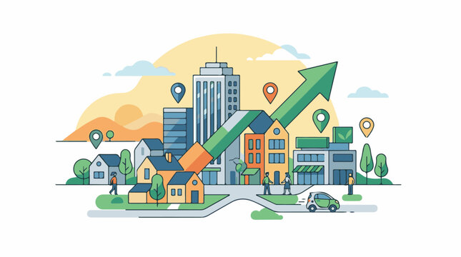 Colorful illustration of a growing town with buildings, trees, and a large green arrow