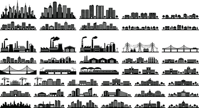 Black architectural panorama landscape silhouette set with suburban neighborhood housing industrial factory plants and government buildings