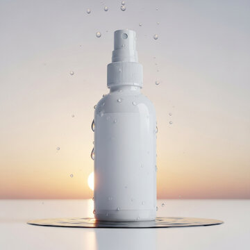 A mockup of a skincare product bottle with water droplets on a reflective surface at sunset
