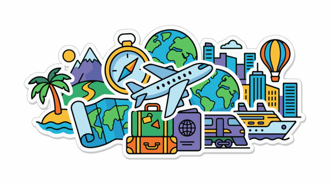 Colorful cartoon travel icons with landmarks and modes of transportation