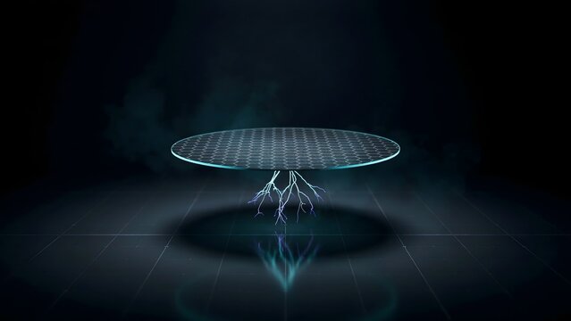 Hexagonal graphene wafer levitating with cyan light arcs &ndash; Ideal for supercomputer innovation, semiconductor science, or physics publications.