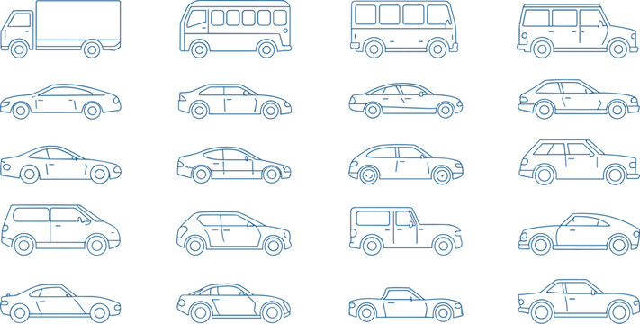Vehicle Outline Icons Collection Featuring Cars Trucks Vans Buses and Sports Cars Vector Transportation Set