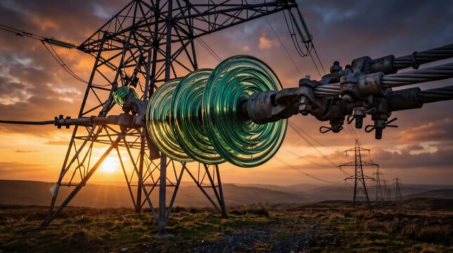 High voltage electrical power pylon with green glass insulator discs glowing against vibrant sunset sky background providing energy infrastructure across remote rural countryside landscape.