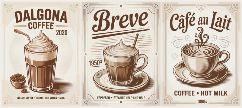 Vintage coffee posters showcase three classic drinks. Each design features hand-drawn illustrations and elegant fonts. Dalgona, breve, and cafe au lait are displayed with charm