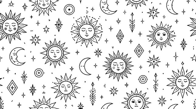 Intricate celestial pattern with sun moon and stars design.