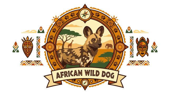 African wild dog emblem with tribal masks and patterns.