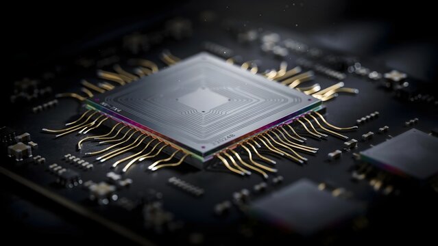 Extreme macro of holographic silicon chip with gold wires &ndash; Suitable for microchip packaging, semiconductor fabrication, or engineering manuals.