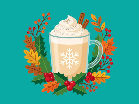 Festive holiday eggnog in a decorated mug surrounded by autumn and winter elements