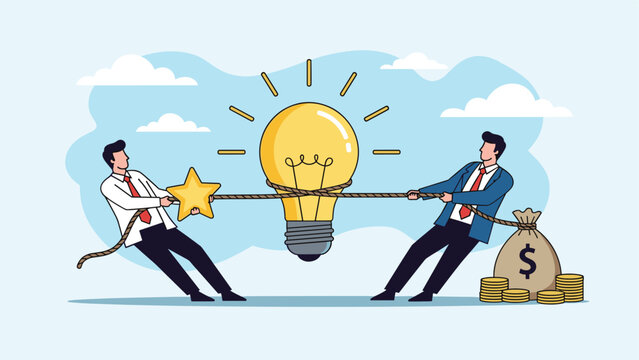 Two professionals engage in a tug of war over a large glowing lightbulb, representing competition for creative ideas and wealth.