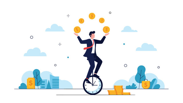 Talented businessman rides a unicycle made of a clock while juggling gold coins, symbolizing multitasking and time management.