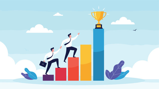 Two businessmen help each other climb a colorful bar chart toward a golden trophy, representing teamwork and corporate success.