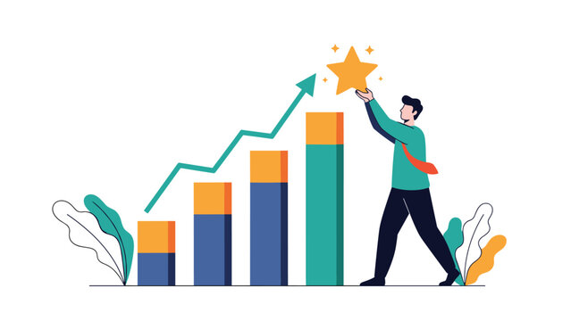 Successful employee reaches the top of a bar chart to grab a shining gold star, representing career growth and achievement.