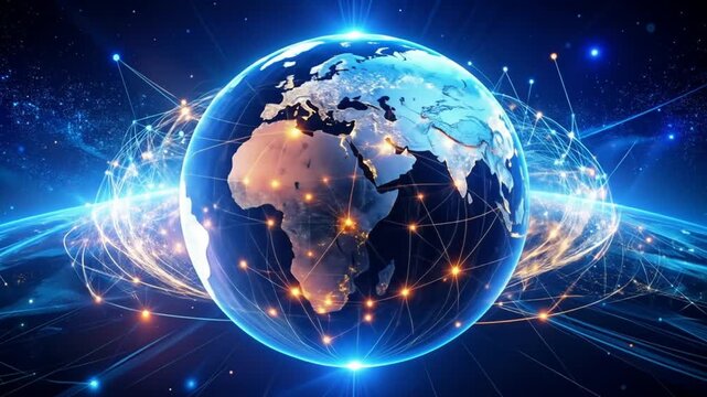A glowing digital globe showing global connectivity and data networks
