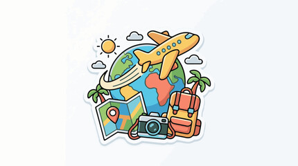Obraz premium Colorful illustration of a globe, airplane, map, camera, and palm trees