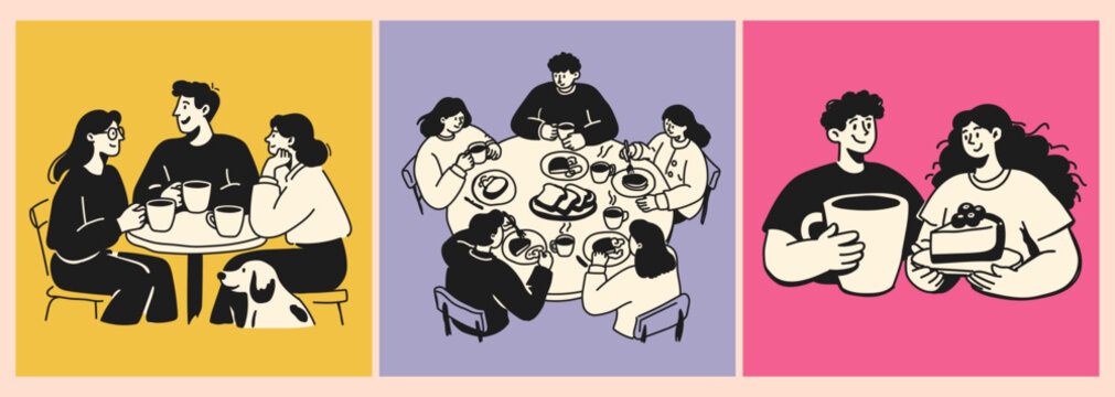 Cafe Lifestyle Illustration Set Featuring Friends and Family Dining Together at Table with Coffee and Food. Colorful Hand Drawn Vector Scene Collection
