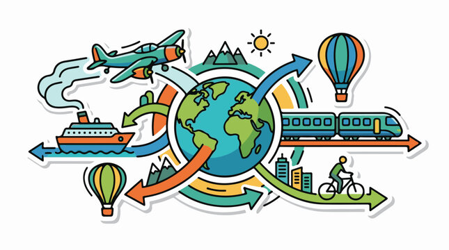 Colorful illustration of globe surrounded by transportation modes and landmarks
