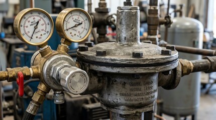 Fototapeta premium Industrial Pressure Gauges and Valves in a Mechanical System.