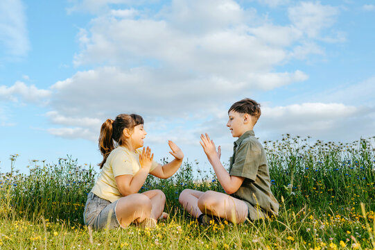 Brother and sister playing clapping game in meadow