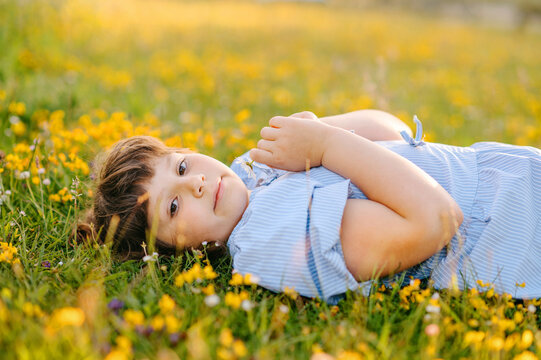 Child girl lying in wildflower meadow on summer day
