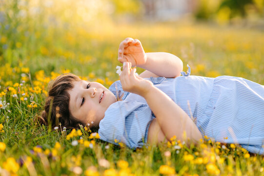 Child girl examining flower while lying in meadow
