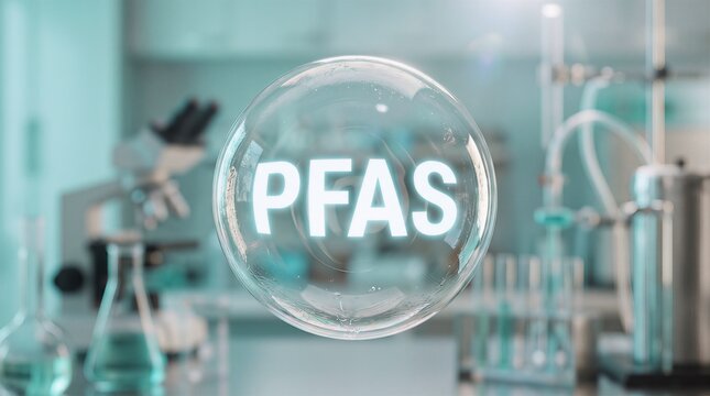 Innovative research exploring pfas chemical compounds represented by glowing sphere in lab environment featuring blurred scientific equipment and glass flasks for professional visuals.