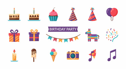Fototapeta premium Colorful birthday party celebration icons set.