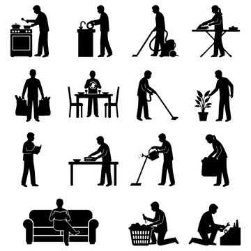 Black silhouettes of men doing household activities: cooking, washing dishes, vacuuming, ironing, carrying groceries, watering plants, reading, relaxing on sofa, sorting laundry, fixing things. 