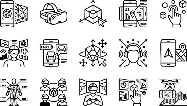 Virtual reality and augmented reality technology icons with technology augmented simulation innovation computer interface metaverse interactive software