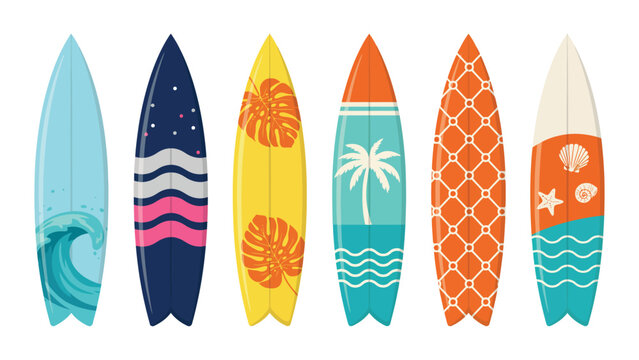 Surfboard Summer Clipart Featuring Colorful Surfing Boards with Tropical Patterns for Beach Sports and Seasonal Designs