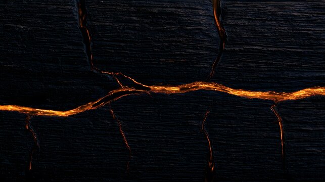 Dramatic charred wood texture reveals glowing cracks a study of resilient beauty and raw elemental power