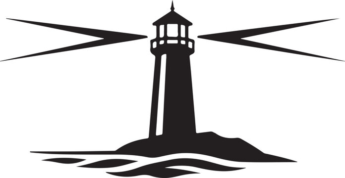Minimal black lighthouse beacon overlooking the sea, vector icon for maritime navigation and safety.